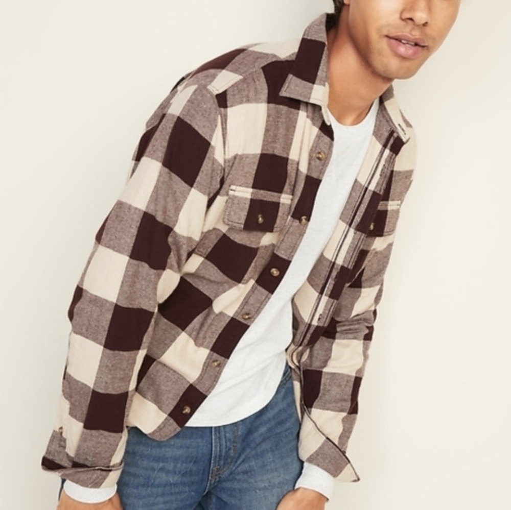 Old Navy Flannel Shirt Regular Fit, XXL Buffalo Check Maroon & Cream